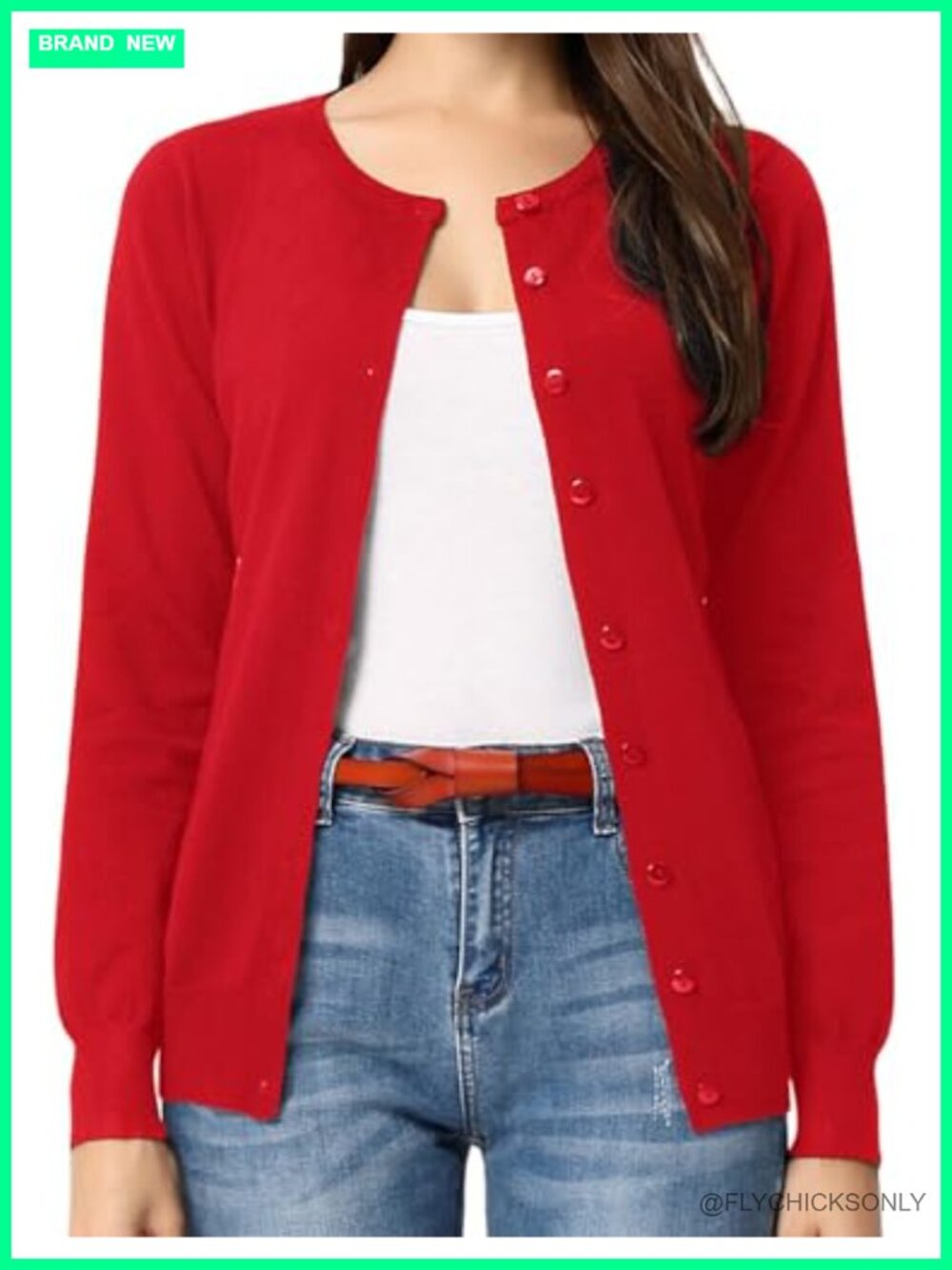 Women's Long Sleeve Button Down Knit Cardigan Crew Neck Lightweight